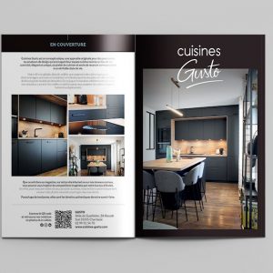Double page de publicité qui présente le client cuisines Gusto qui est concepteur de cuisines